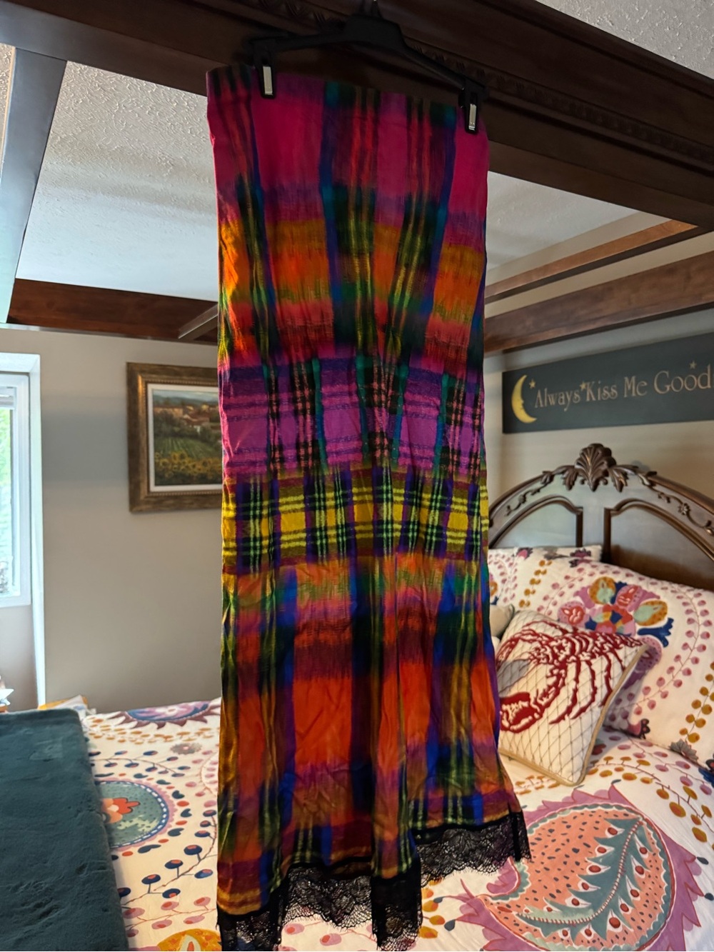 Desigual Multicolor Plaid Maxi Skirt with Black Lace Hem
